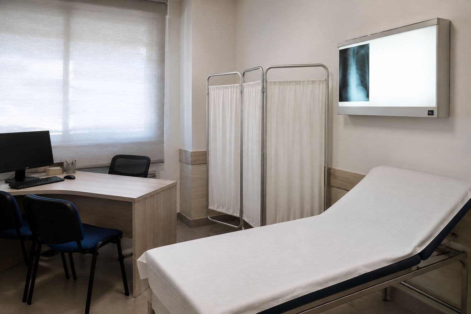 Consultorio médico con camilla, escritorio con computadora, biombo y un negatoscopio con una radiografía de tórax en la pared