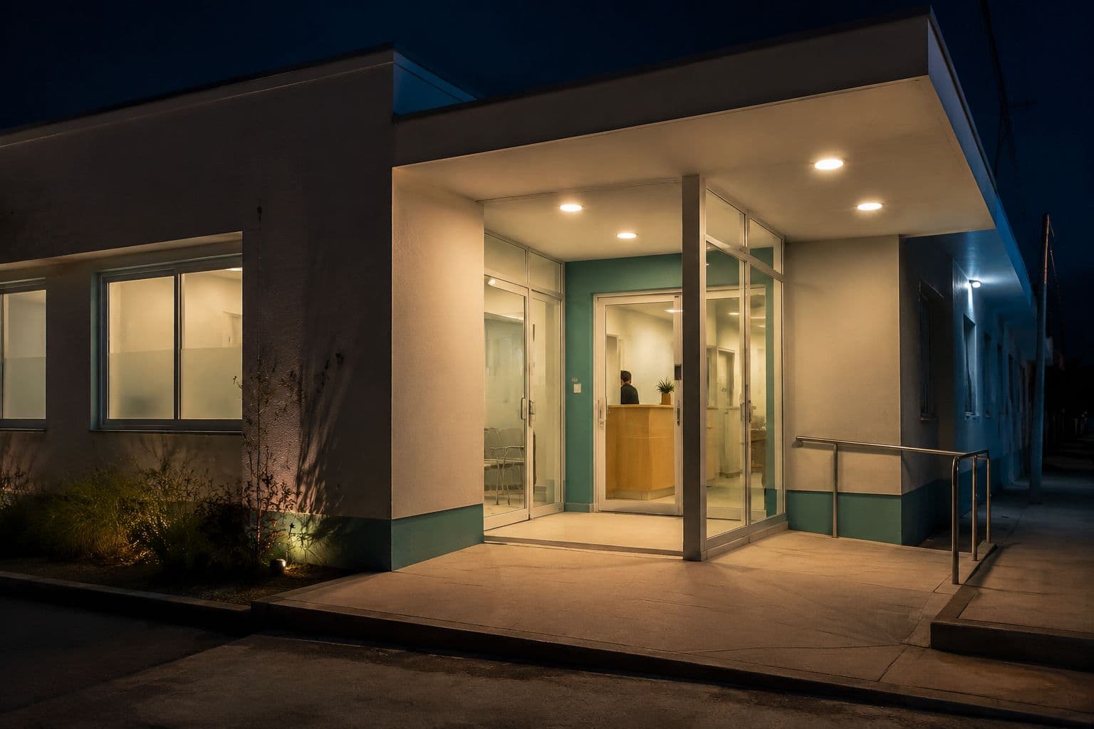 Ingreso de una guardia médica de noche, con las puertas de vidrio iluminadas desde adentro y la recepción visible al fondo